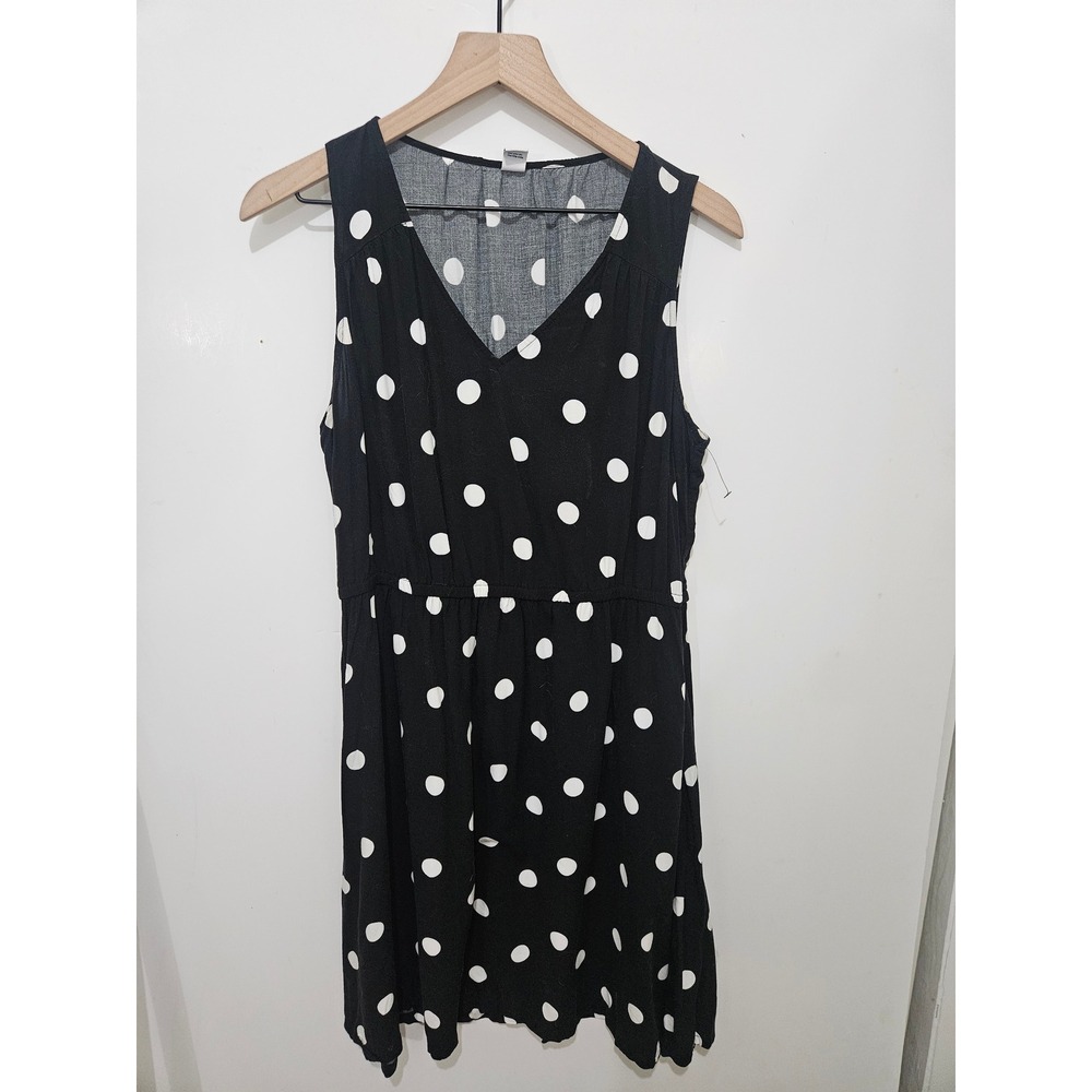 Old Navy Women Black White Polka Dot Sleeveless V-Neck Fit & Flare Dress Large